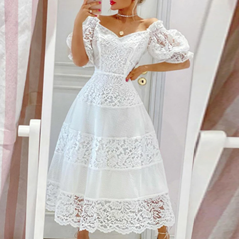 

Dress ladies strapless short-sleeved pleated long skirt V-neck embroidery lace hollow white fairy skirt suitable for party dress