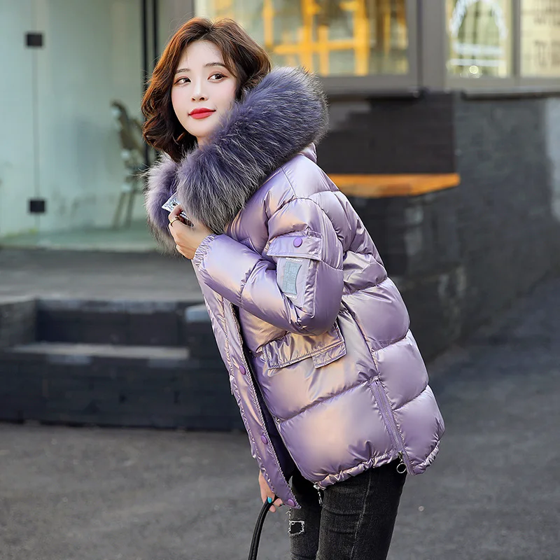 

Short Gloss Parka Coat Fashion Pocket Winter Jackets For Women New Solid Casual Hooded Parka Coat With Fur Collar Cotton Outwear