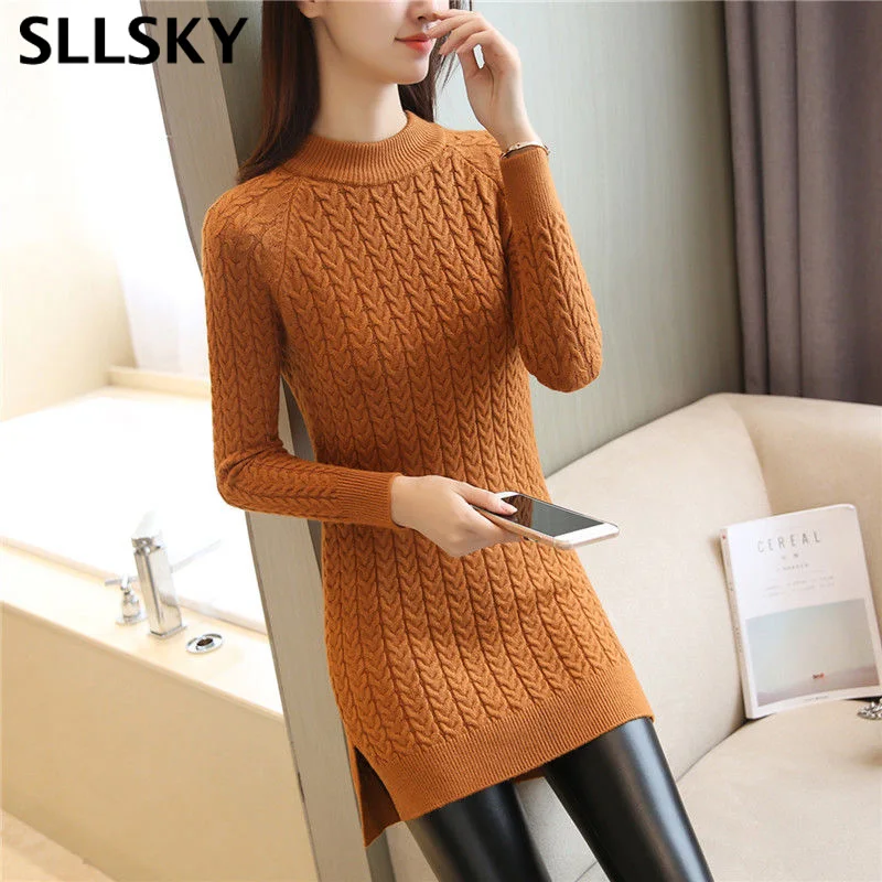 

Женский вязаный свитер Sllsky, элегантный длинный свитер с круглым вырезом и длинным рукавом, повседневные теплые пуловеры для осени и зимы, 2021