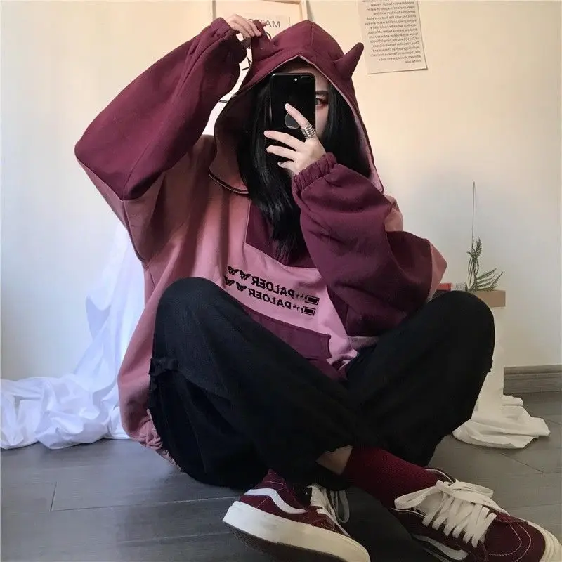 

Hoodies Women Cartoon Ears Cute Hooded Plus Velet Sweatshirt Pullover Autumn Winter Long Sleeve Embroidery Hoodie
