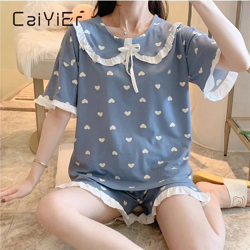 

CAIYIER Lace Summer Pajamas Set Girl Ruffled Short Sleeve Shorts Sleepwear Suit Cute Print Women Nightwear Thin pyjama majur 2XL