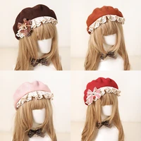 lace bowknot beret buds cap baked wheat cake cap painter cap japanese female is a hat