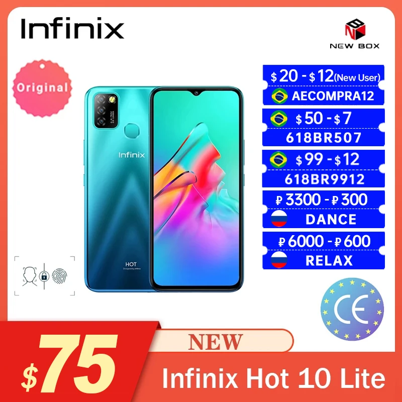 Смартфон Infinix Hot 10 Lite 6 дюймов HD дисплей 5000 мАч 13 МП тройная камера Распознавание