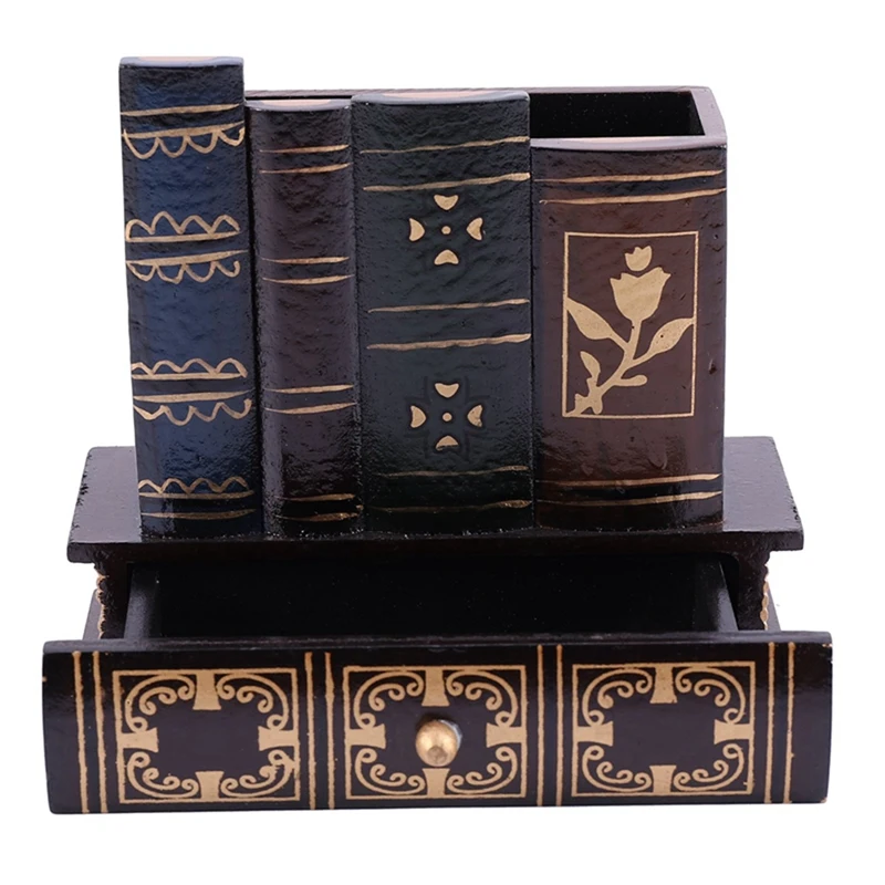 

Multifunction Retro Wooden Pen Holder Book Shape Wood Craft Home Decor Pencil Desktop Storage Box Drawers Stationery Holder Gift