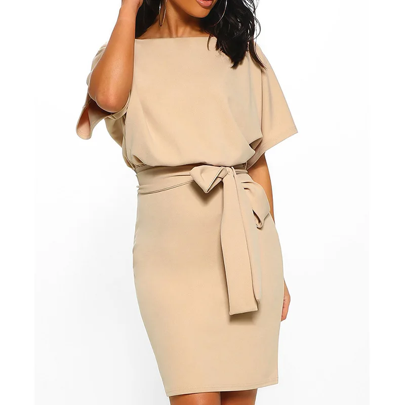 Однотонное модное летнее облегающее платье с поясом женское элегантное Короткое