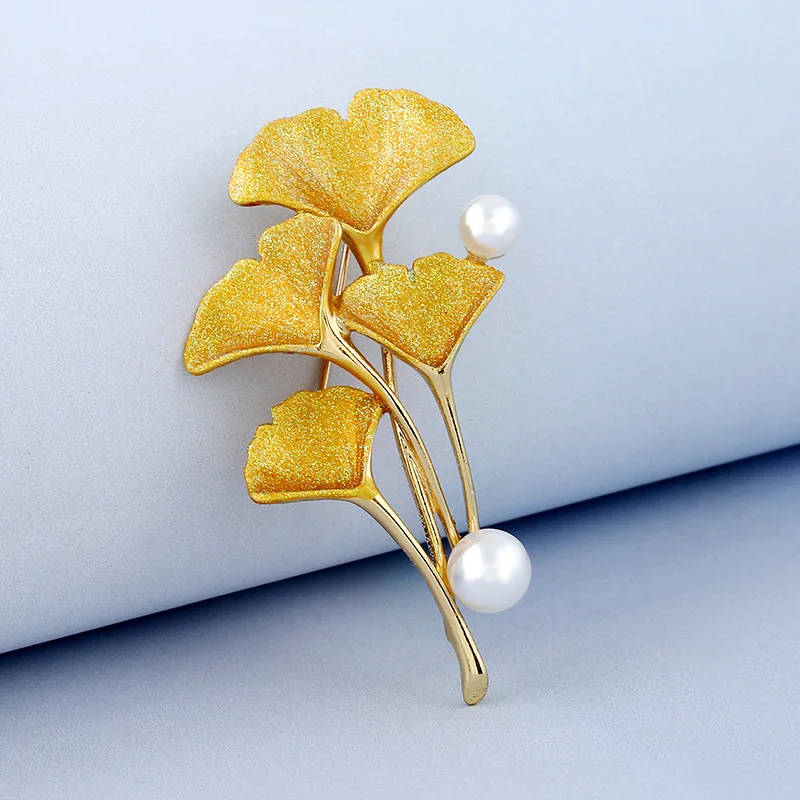 KingDeng Brooches Korean Fashion Gifts for Woman Accessories Pink Enamel Pin Lapel Cute Pearl Ginkgo Leaves Party Jewelry | Украшения и