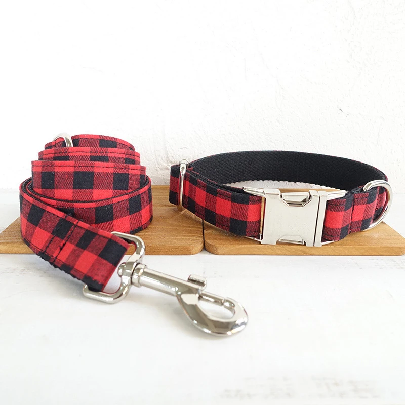 Personalized Pet Collar Custom Plaid Nylon Puppy Cat Name ID Tag Adjustable Collars Lead Leash Set Free Engraving Dog Collars|Наборы| |