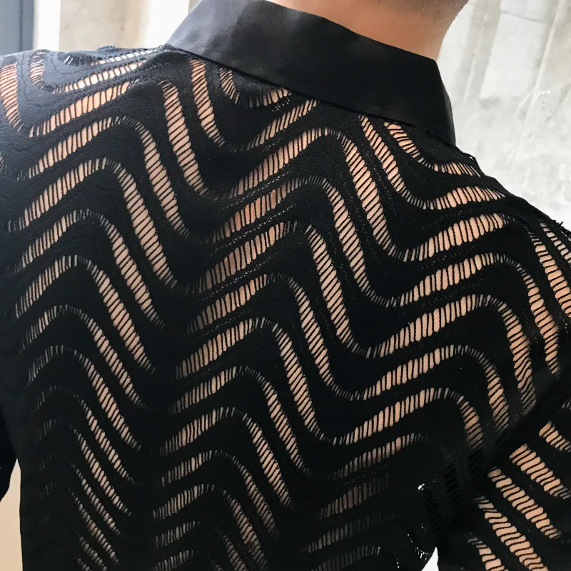 Transparent Shirt Summer Short Sleeve Shirt Camisa Hombre Stitching Stripe Shirt See Through Shirt Men Chemise Homme Marque Luxe