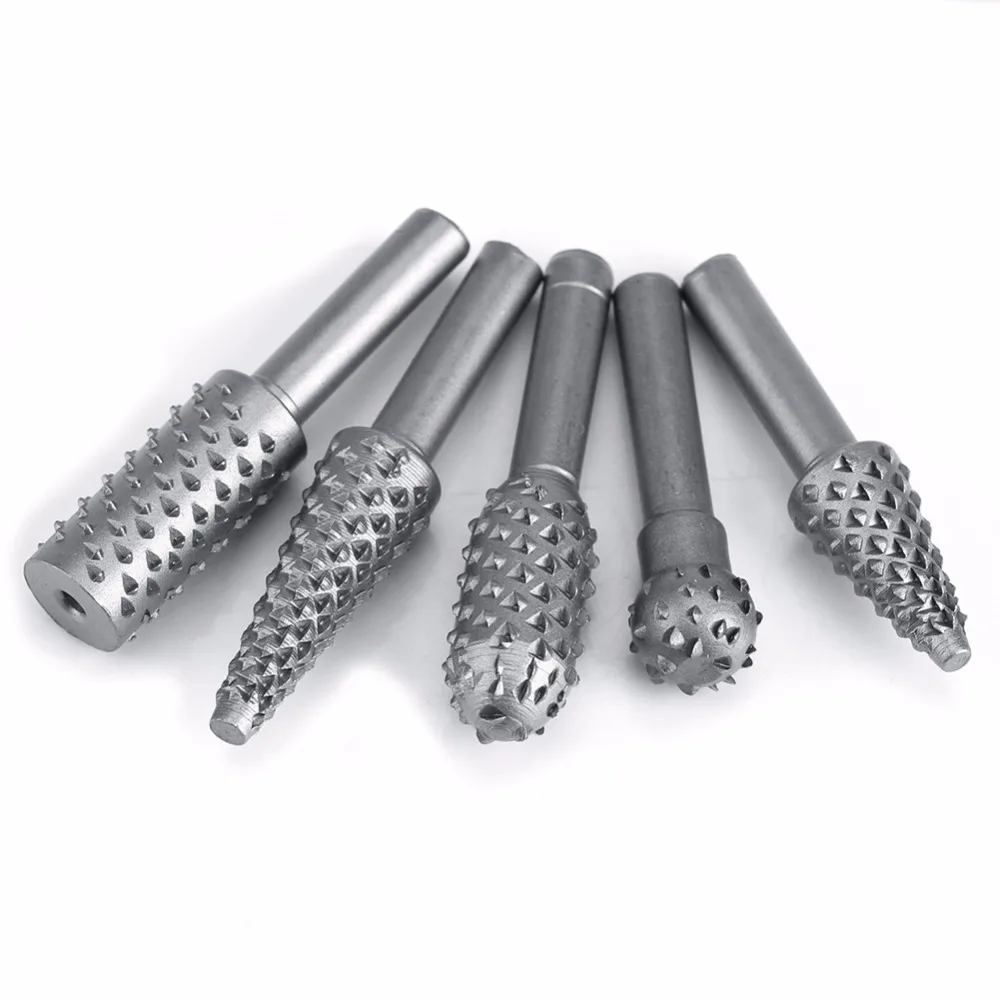5Pcs Rotary Rasp Set Silver Hard Alloy Burr File 6.3mm Shank Wood Carving Drill Bits woodwork tools kit | Инструменты