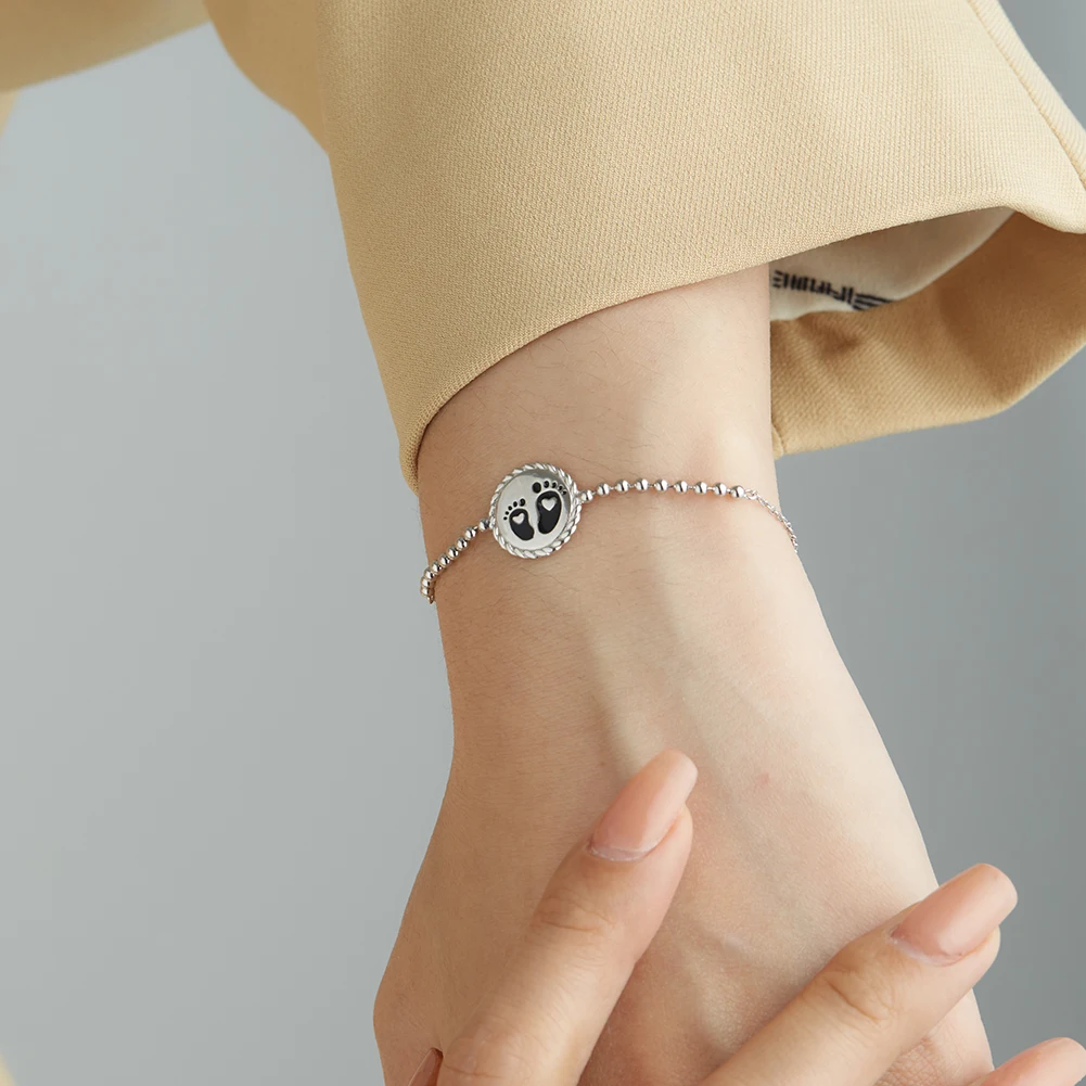 

LEKANI 925 Sterling Silver Enamel Cute Handprint Adjustable Charm Bracelet Bohemia Beaded Chain Bracelets For Women Jewelry Gift