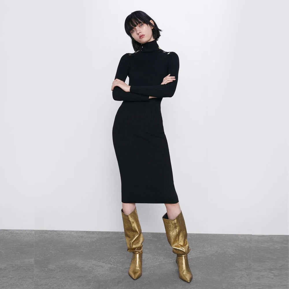 2019 ZA женское Трикотажное Платье До Колена платье на бедрах Осень зима длинный