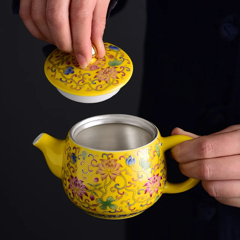 Enamel gilt silver teapot ceramic Jingdezhen kungfu tea set small silver teapot for home use
