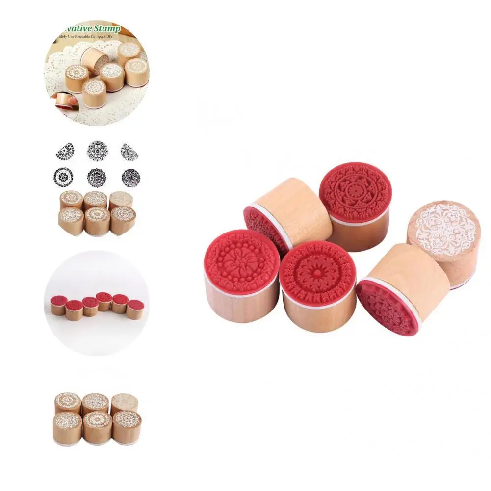 

6Pcs Useful DIY Mini Round Wooden Stamp Floral Pattern Stamp Reusable Easy Carry
