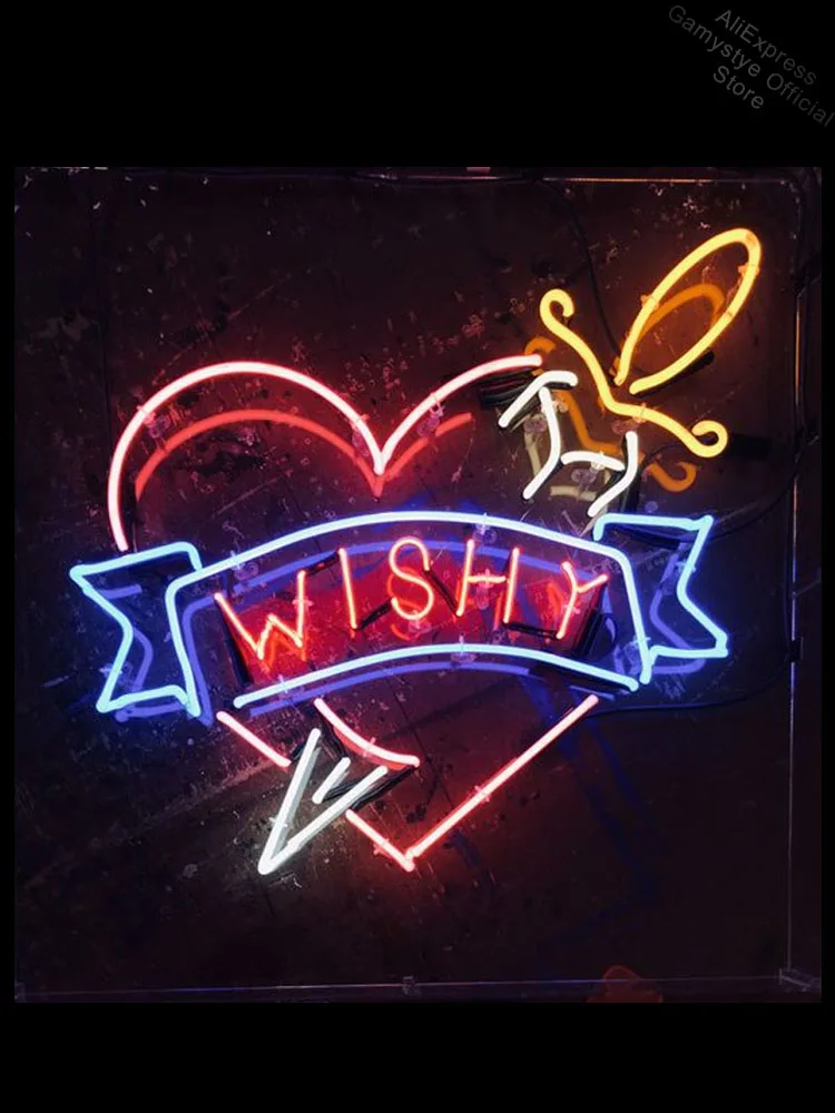 

Неоновая вывеска для светильника Wishy в виде сердца, стеклянные трубки, декоративный светильник для украшения комнаты, неоновая вывеска, выв...