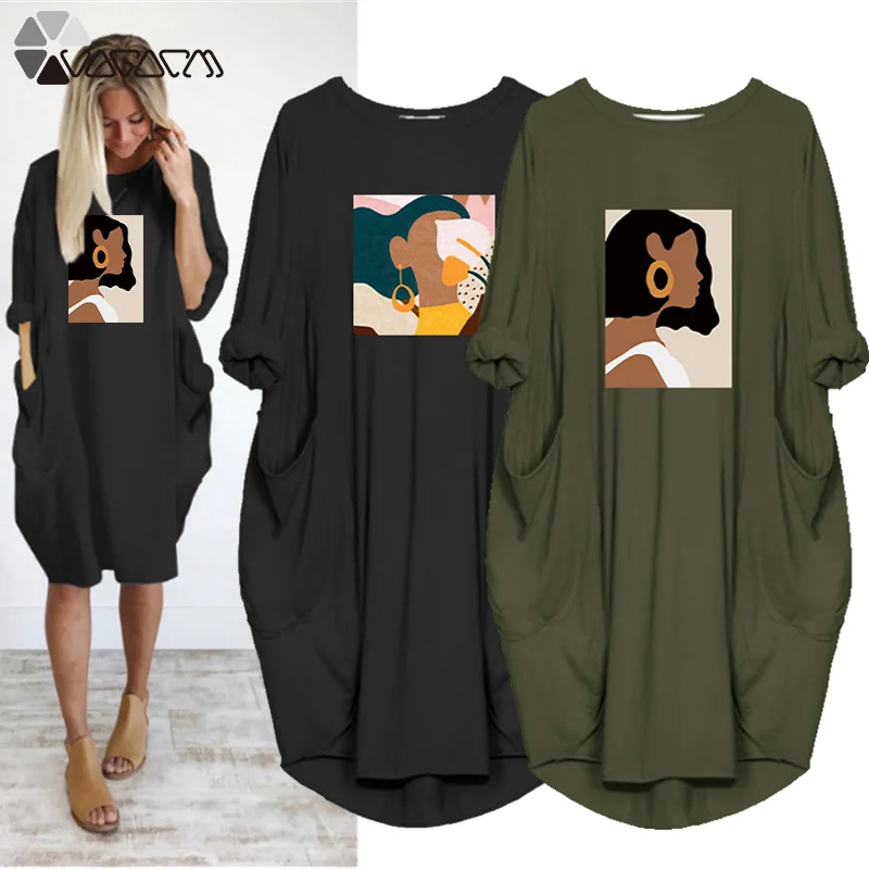 

Casual Woman Midi Dress Plus Size 5Xl Female Art Beauty Print Long Sleeve Round Neck Vintage Party Streetwear Vestido Robes