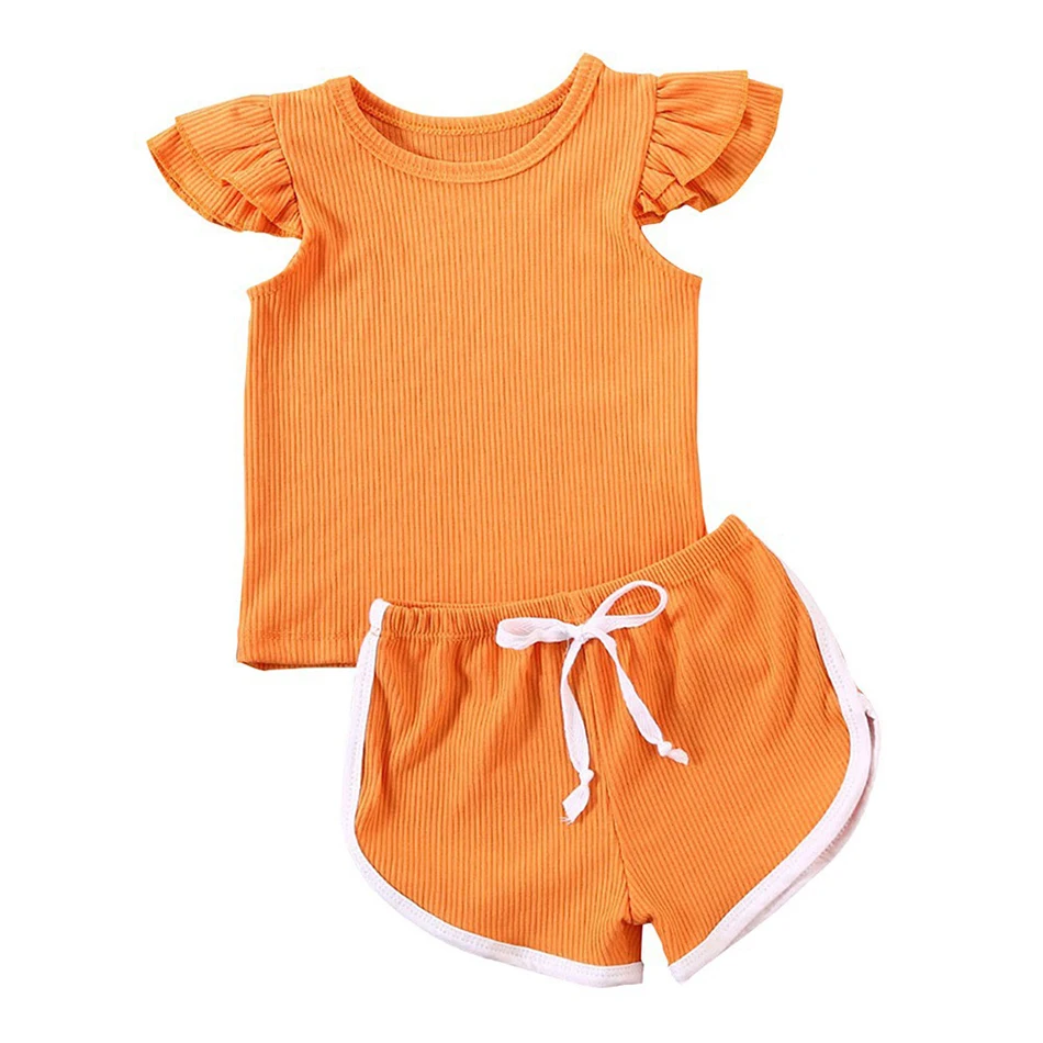 

Kidswant Baby Girl Summer Clothing Sets 2021 Fashion Flying Sleeve Solid Tops + Shorts 2Pcs Suit Infant Casual Outfits 18M-5T