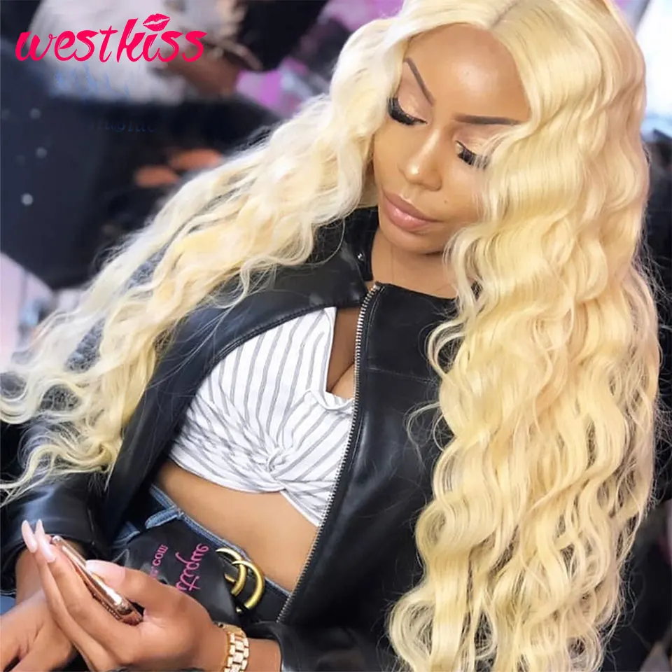 Парик блонд из человеческих волос бразильский Волнистый парик на сетке спереди