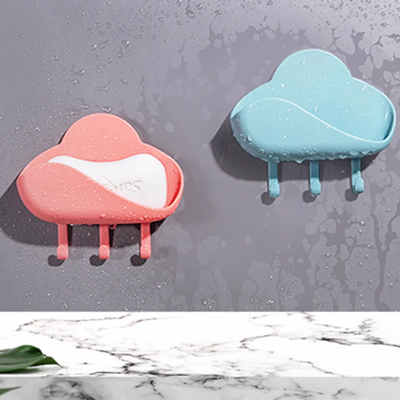 

Wall Mounted Soap Dish With Towel Hanging Hook Suction Cup Novelty Cloud Shaped No-Drilling Adhesive Shampoo Bar Soap Holder