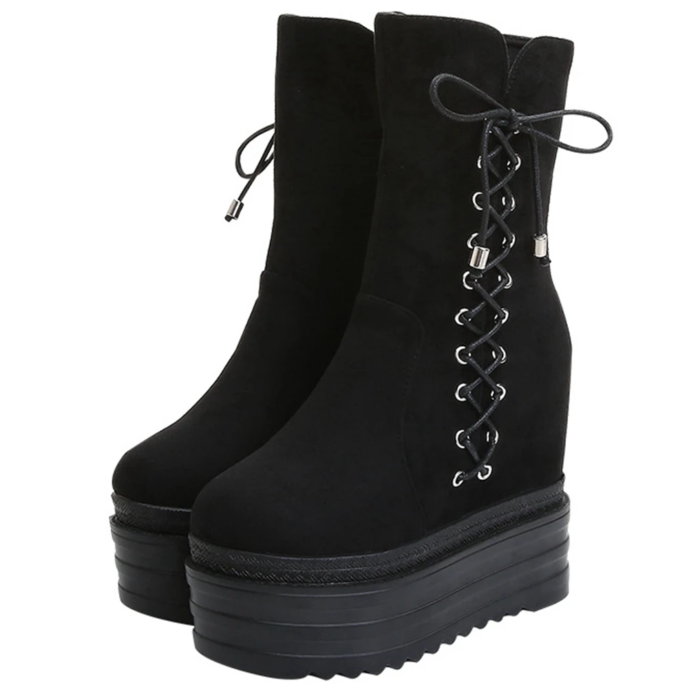 

DORATASIA New Fashion Female High Platform Boots Height Increasing High Heels Cross Tied Boots Women Flock Trendy Shoes Woman