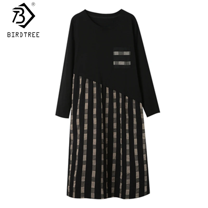 Женское хлопковое лоскутное платье размера плюс осеннее средней длины с длинным