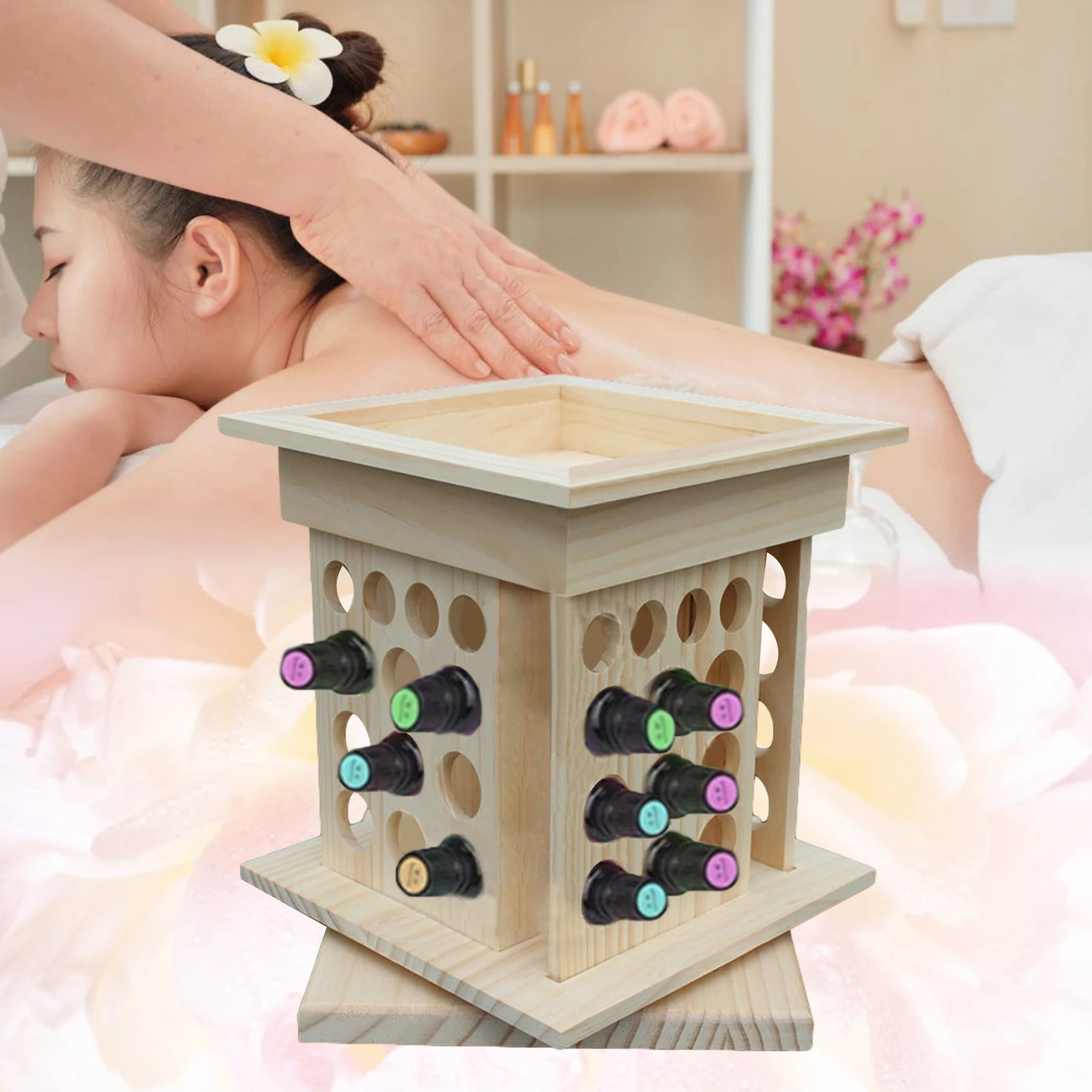 

52 Holes Solid Wooden Rotating Essential Oil Bottle Holder Classification Display Stand Table Diffuser Holder Home Storage