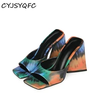 cyjsyqfc tie dye green shoes for women fashion 3d print high heels sandals summer outdoor ladies slippers party nightclub shoes