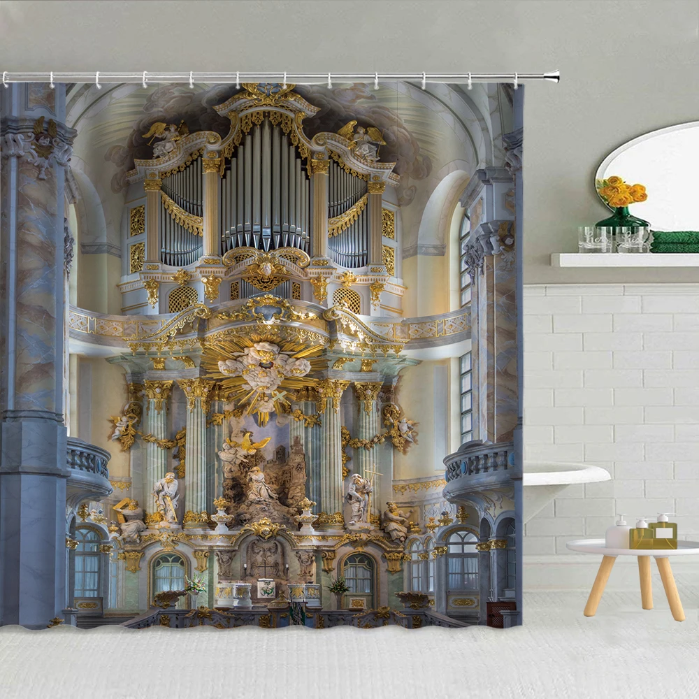 

Western Architecture Luxury Gold Shower Curtain Marble Texture Rock Wall Decoration Screen Bathroom Waterproof Hooks Curtains