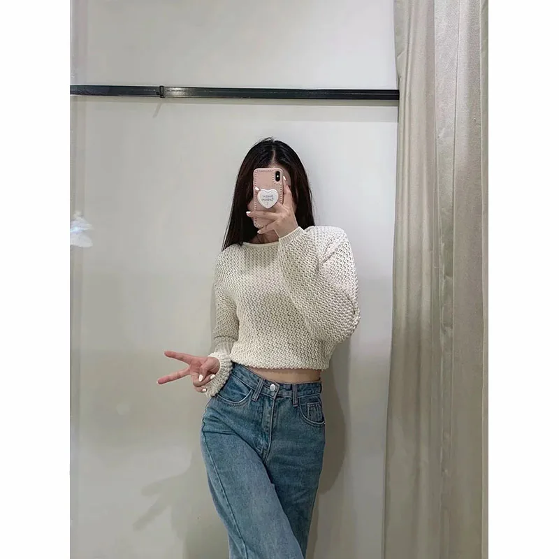 

Za Women White Fashion With Tied Open-Back Crop Knitted Sweater Vintage O Neck Long Sleeve Female Pullovers Chic Tops