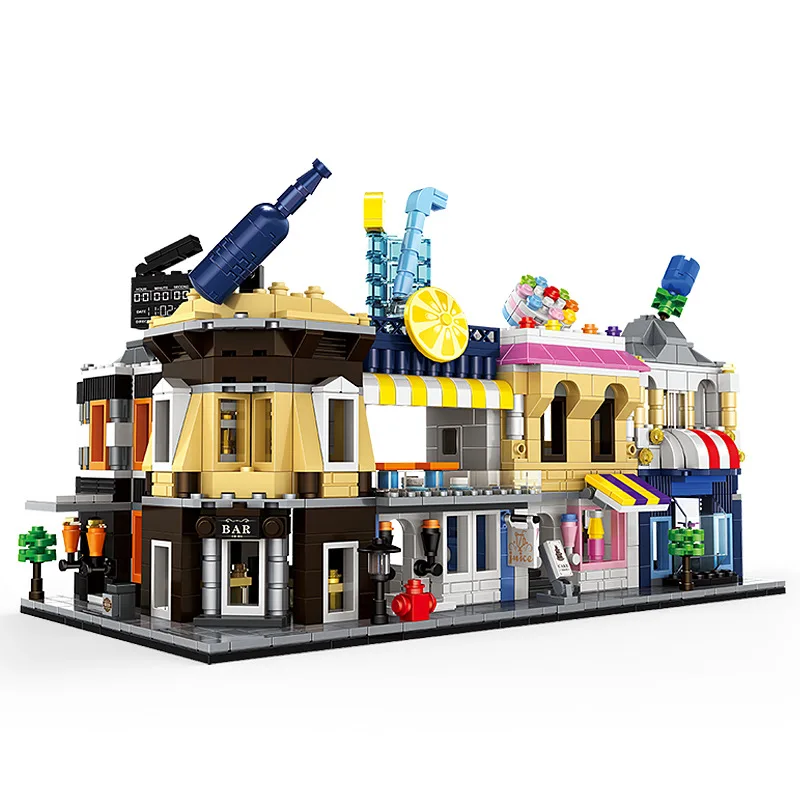 

2021 new children's building block toys mini street flower shop bakery drinks shop children diy assembled educational toys