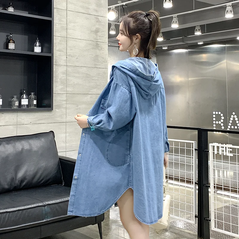 Синяя джинсовая куртка с капюшоном 2019 Весенняя Новая женская однотонная