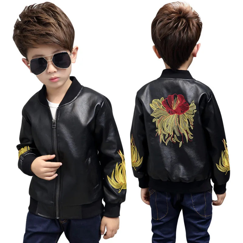 

Autumn Boys PU Leather Jacket Top Quality Thicken Fleece Coat Kids Waterproof Embroidery Blazers Jackets Boy O-Neck Outerwear