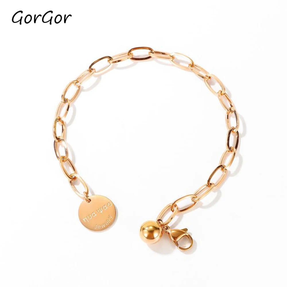 

GorGor Women Chain Bracelet Round Letters Tag Beads Lobster Metal Buckle Stainless Steel Ladies Fashion Accessories 1082