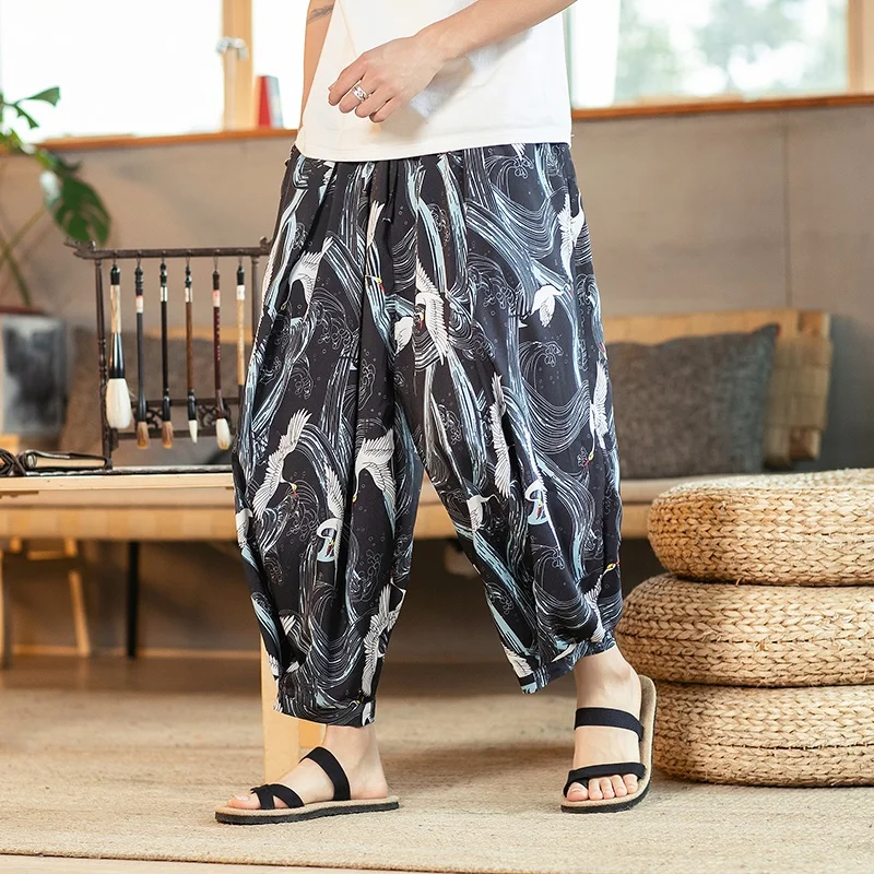 

Брюки-султанки мужские с принтом, хлопково-льняные штаны с широкими штанинами, повседневные брюки в стиле хип-хоп, свободные брюки до щиколотки, телефон 4XL, 5XL
