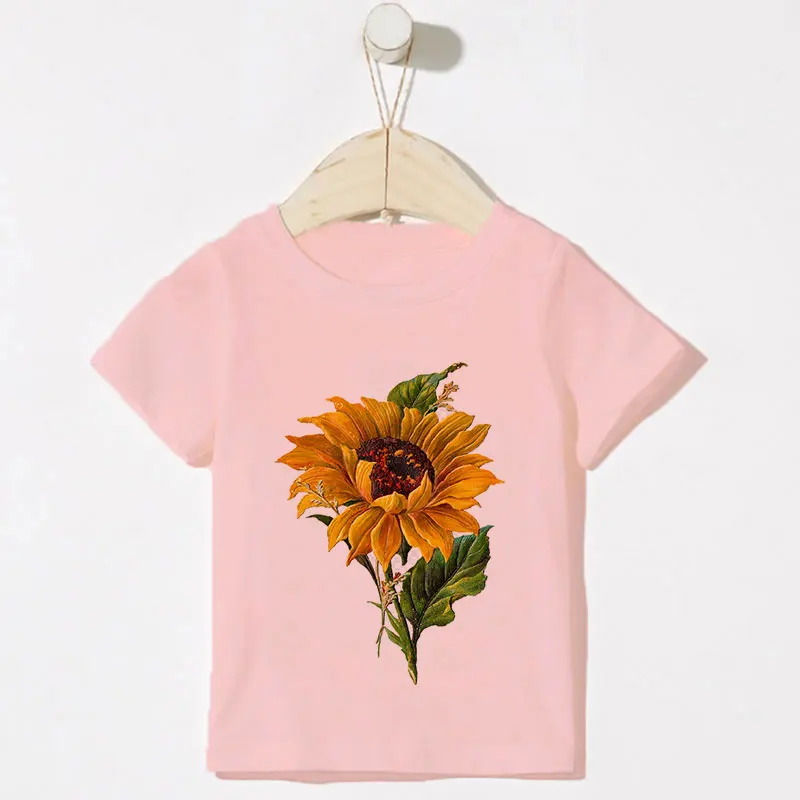 

New Cartoon T Shirt Girl O-neck Sunflower Love Leopard Printing Boys Tshirts Summer Pink White Girls Tshirt Kid Clothes Children