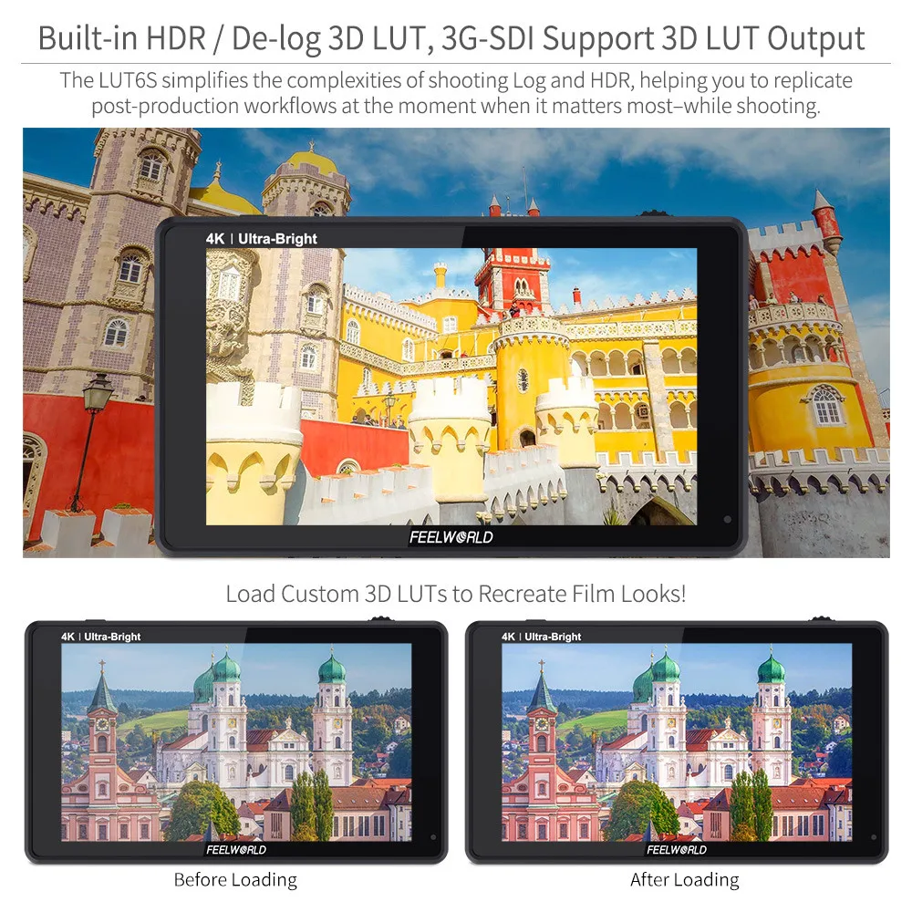 Фото 7-дюймовый монитор FEELWORLD с сенсорным экраном, монитор 6 дюймов 2600 нит HDR/3D LUT DSLR камера с волнообразным векторским гистограммой 4K HDMI №5