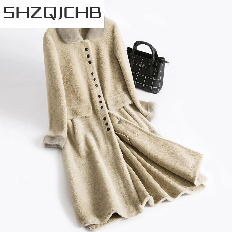 

Женская длинная винтажная шуба SHZQ, из натурального меха норки с воротником из овечьей шерсти, корейские элегантные топы из 100% шерсти для зим...