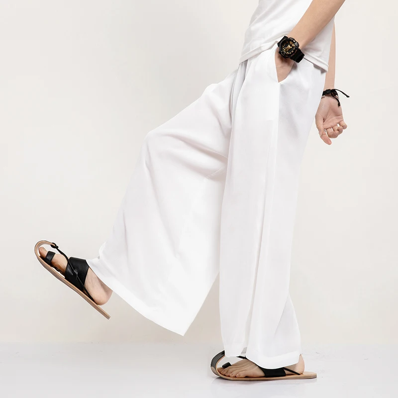 

2021 Summer White Cozy Soft Linen Cotton Wide Leg Pants Mens Black Hakama Japanese Clothing Chinese Oriental Costume Large Size