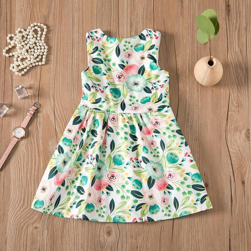 Summer Clothing New Style Sleeveless Clothes Printed Children's Dresses With Buckle For Girls Dress Green Leaf Flower Baby Skirt | Детская