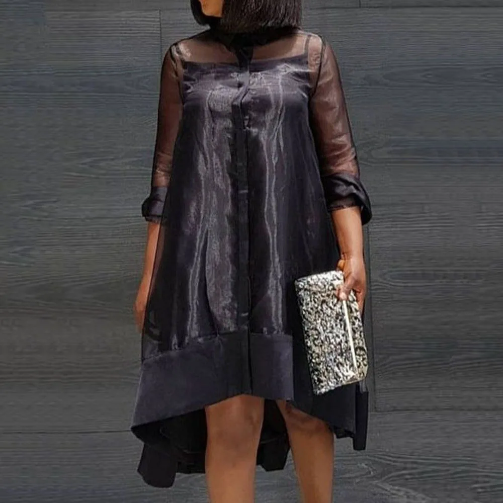 

Summer Hot Sell Solid Black Mesh See Through Women Office Dress African Style Elegant Organza Dresses Cocktail Party Robes Chic