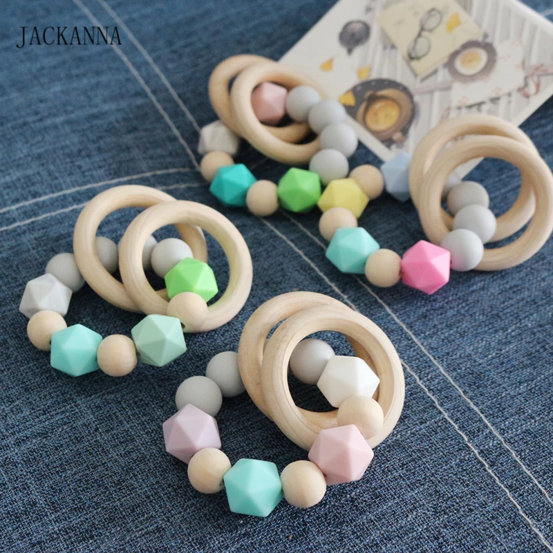 Baby Teether Bracelet Organic Wood Ring Rattle Teething Toy Silicone Beads Nursing Bracelets Chewable Teethers | Мать и ребенок