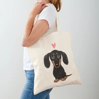 women shopper tote bag funny dachshund with heart cute harajuku foldable shopping canvas dog tote bag womens shoulder handbag