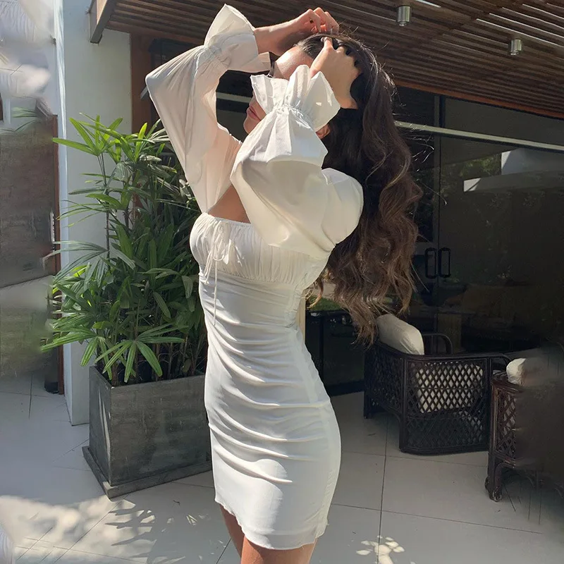 

Summer Elegant White Dress Bodycon Square Collar Mini Sheath Dresses Women Long Sleeve Autumn Drawstring Vestidos Robes Kawaii