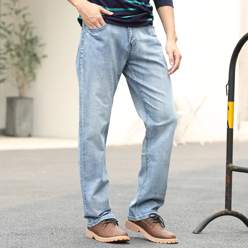 Summer Thin Section Big Size Man Pants  Straight baggy Breathable Denim Trousers Fashion Light Blue Elastic Business Jeans