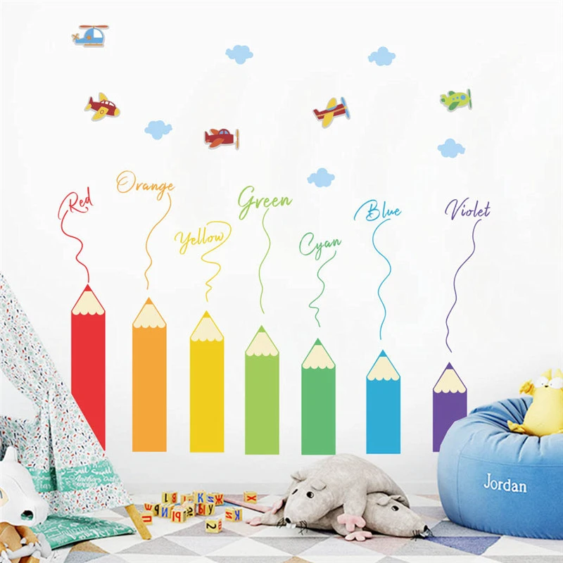 

Colourful Watercolor Pen Plane Wall Sticker For Kindergarten Kids Room Baseboard Home Decoration Diy Mural Art Pvc Decal Poster