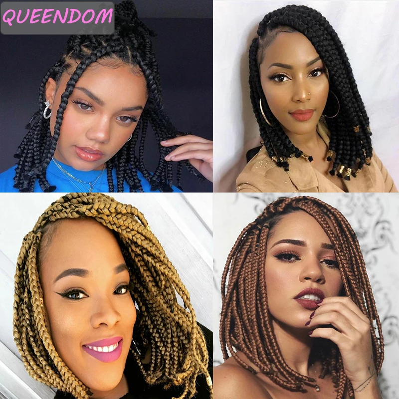 

Short Box Braids Crochet Hair Ombre Synthetic Braiding Hair Extensions 14 Inch Black Brown Crochet Box Braid Hair for Afro Women