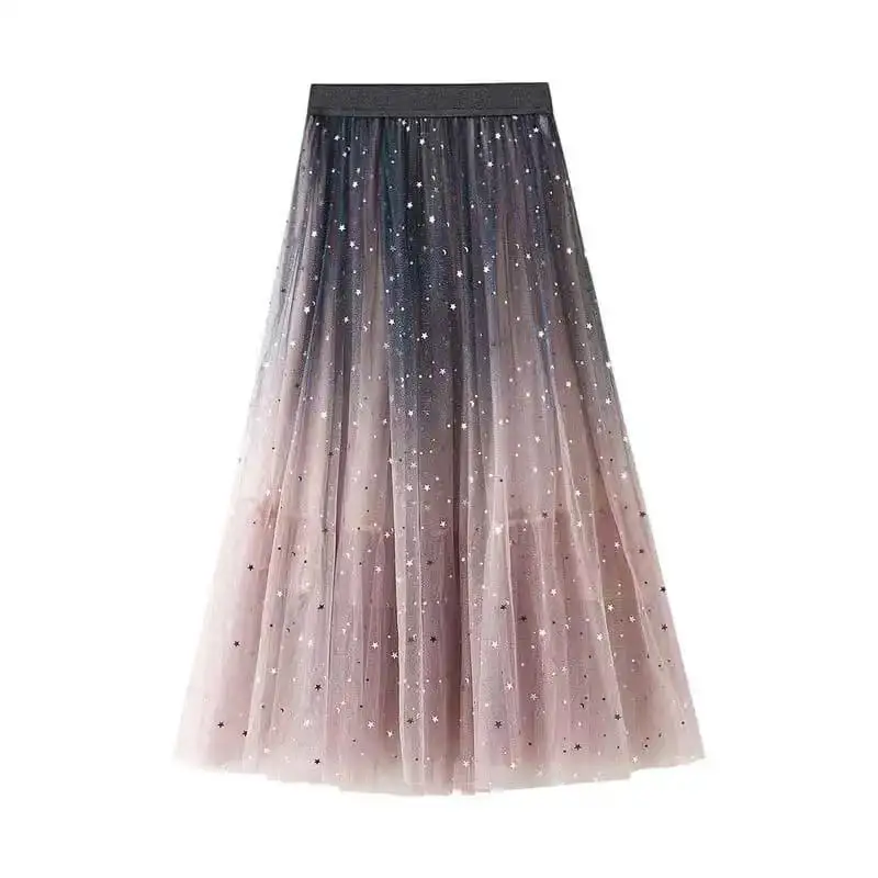 Gradient Color Long Tulle Chiffon Skirts High Waist Casual For Women Falda Larga Verano Korean Fashion Pleated Maxi Clothing images - 6