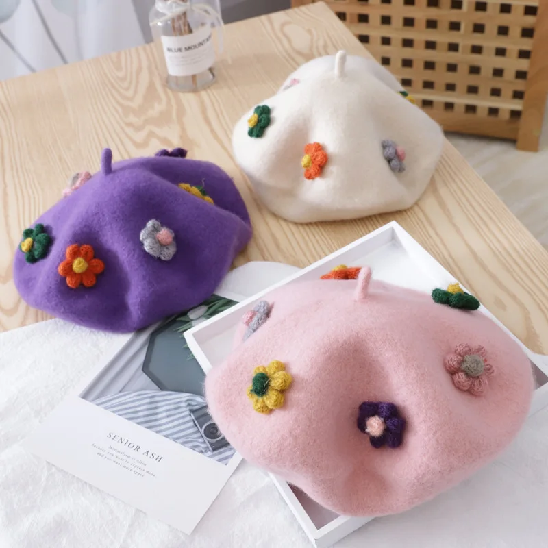 

Winter Flowers Beret Children Girls Warm Pure Color Fashion Korean Style All-Match Lovely Elastic Cashmere Beret Artist Hat