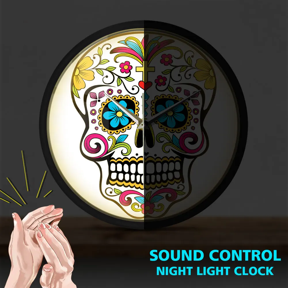 Buy Reloj de pared con Control de sonido para el Día de los muertos, pulsera de pared con diseño Floral, Calavera, azúcar, caramelo mejicano, Horologe inteligente