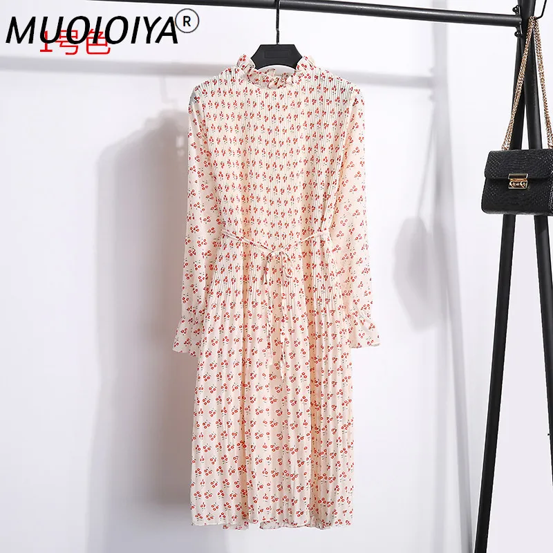 

Женское винтажное платье с длинным рукавом, плиссированное платье средней длины, корейские платья с цветочным принтом, модель LWL1690 на весну ...