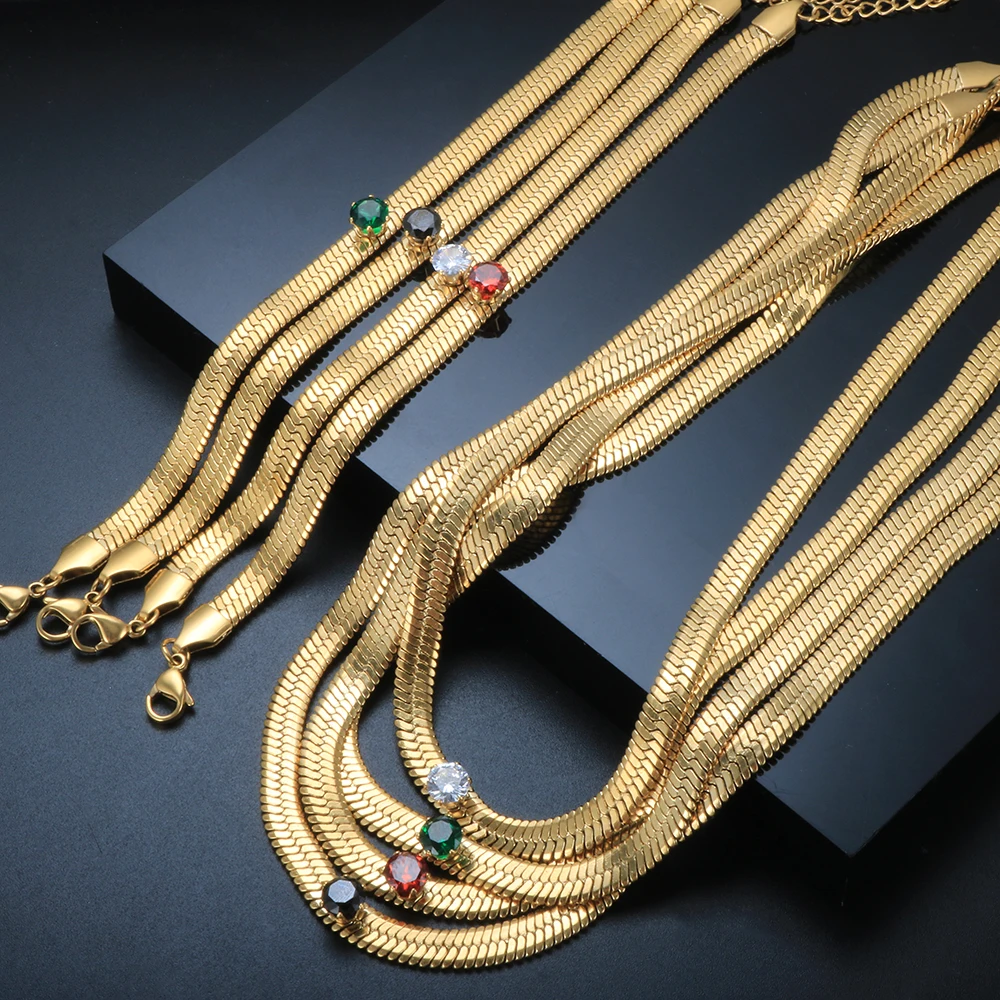 

ZMFashion Stainless Steel Big Zircon Snake Bracelet Choker Necklace Colorful CZ Blade Chain For Women Party Jewelry Set Gift New